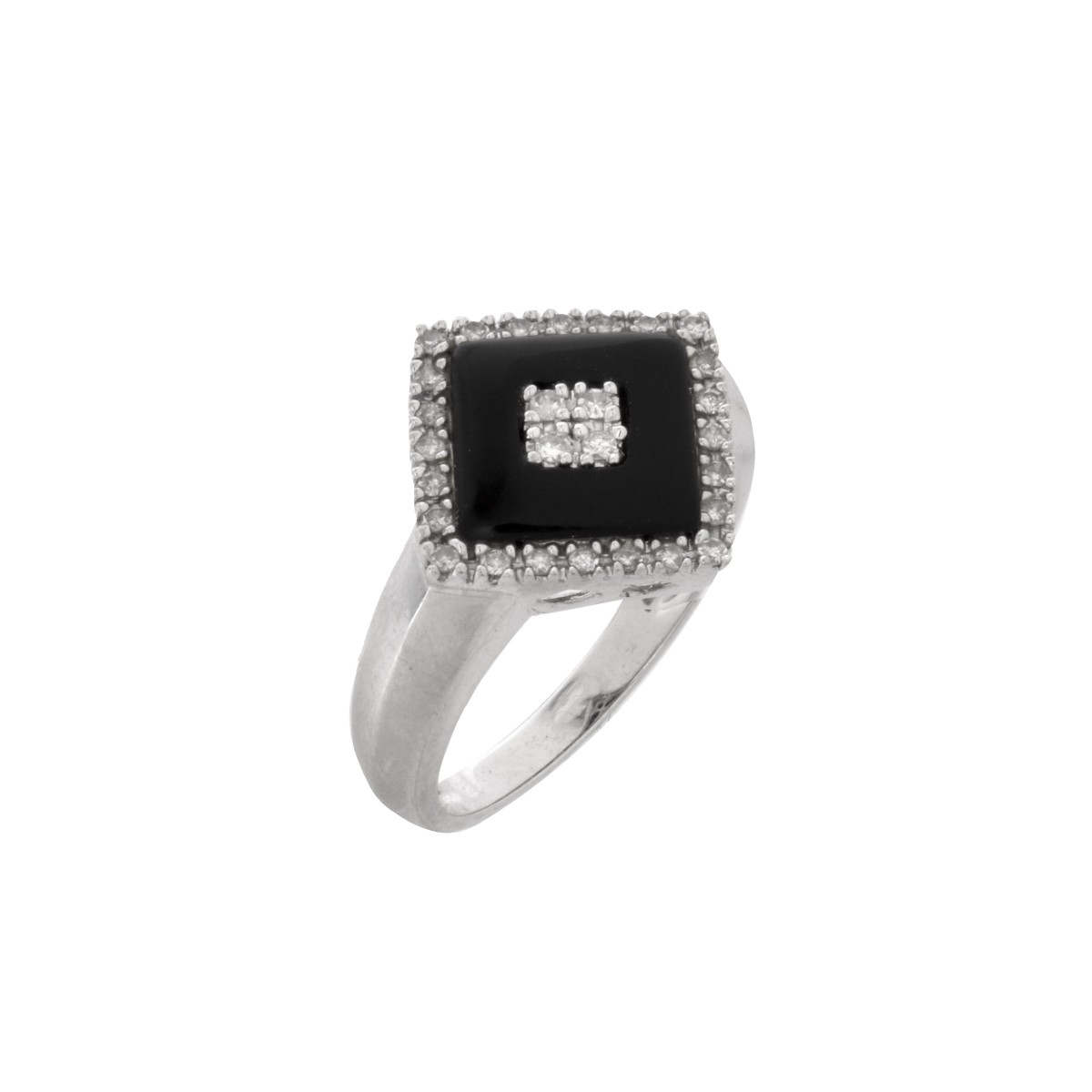 Diamond, Onyx and 14 Karat White Gold Ring