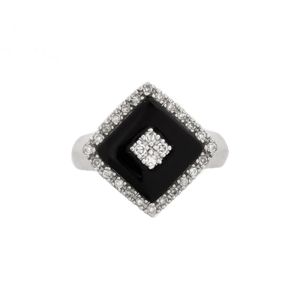 Diamond, Onyx and 14 Karat White Gold Ring