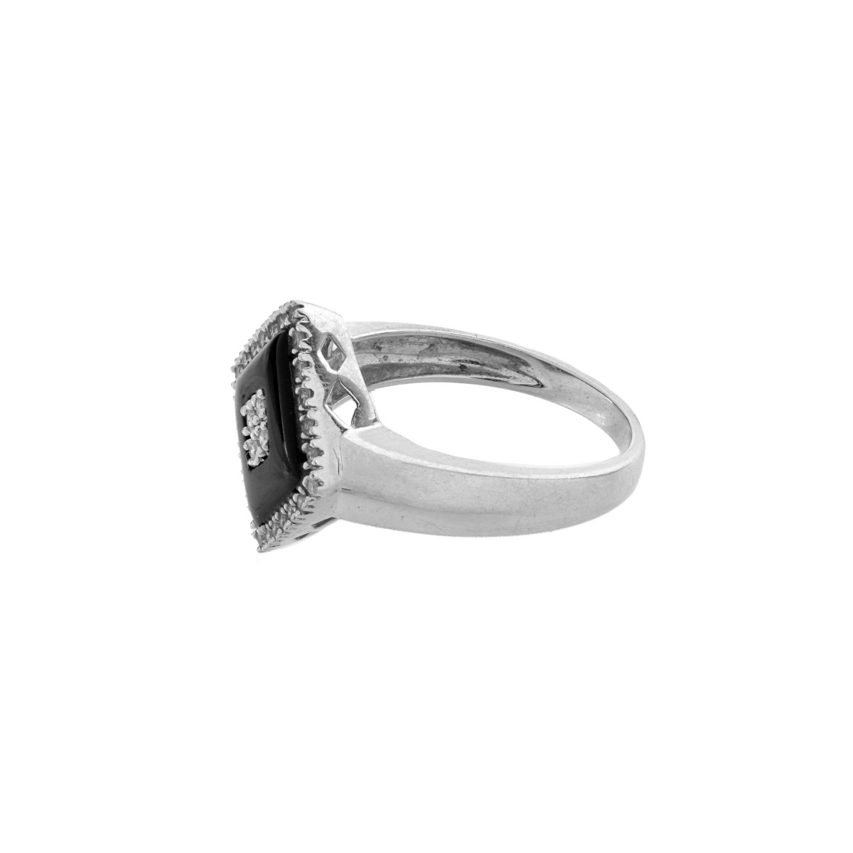 Diamond, Onyx and 14 Karat White Gold Ring