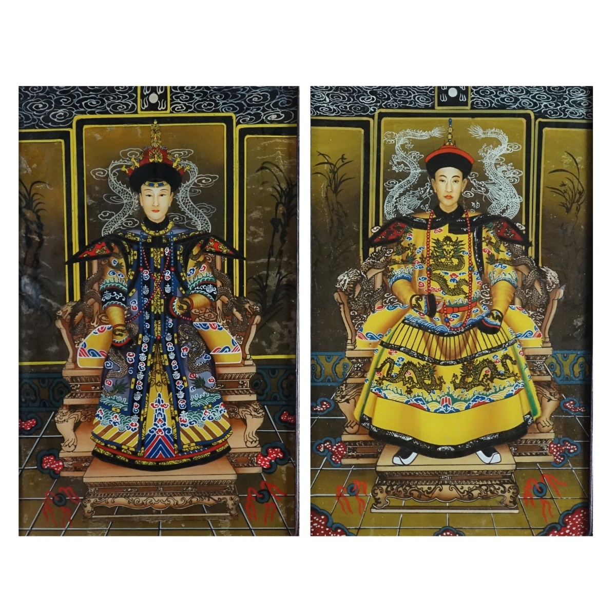 Pair of Chinese Reverse Painted Glass Panels