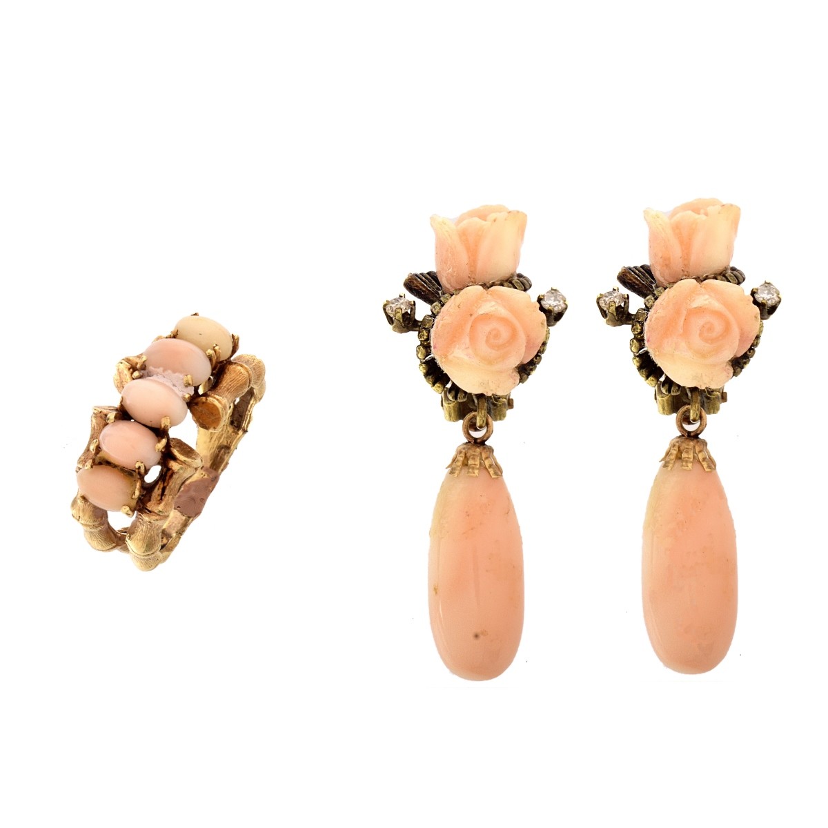 Coral and 14K Earrings and Ring