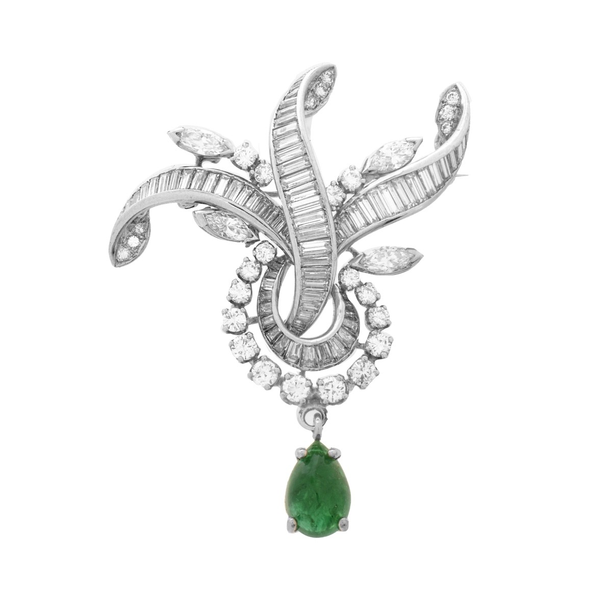 Diamond, Emerald and Platinum Brooch