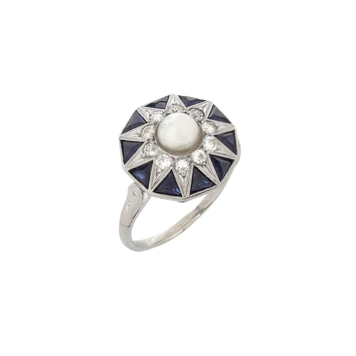 Deco Diamond, Sapphire and Pearl Ring