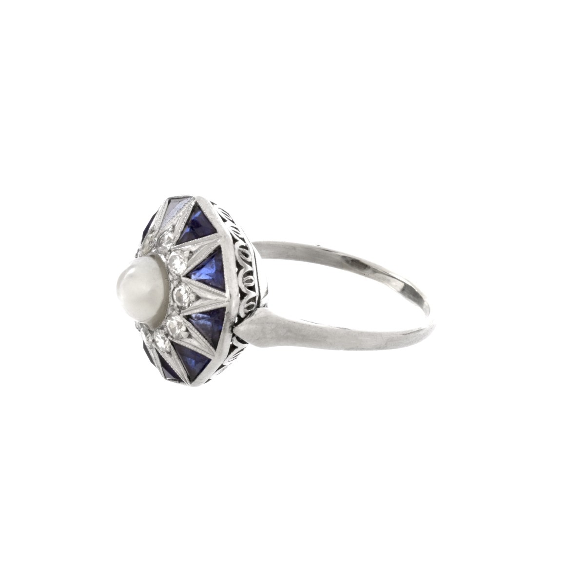 Deco Diamond, Sapphire and Pearl Ring