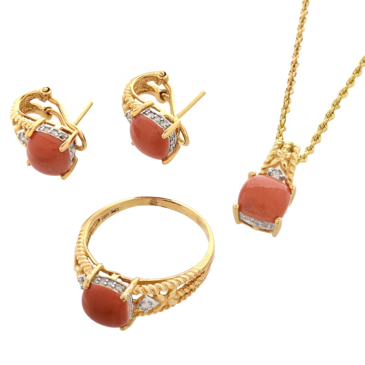 Coral and 14K Jewelry Suite