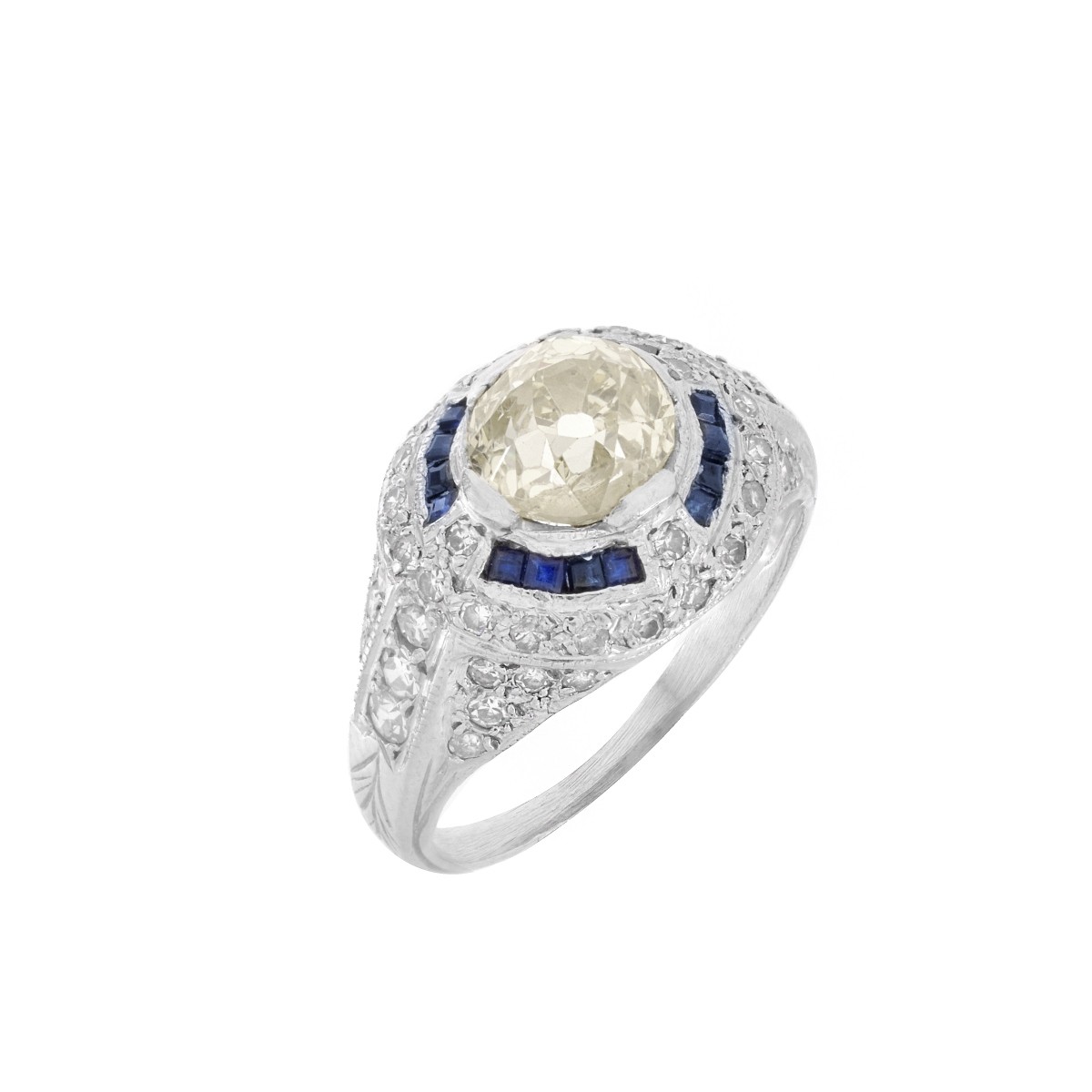 Deco Diamond, Sapphire and Platinum Ring