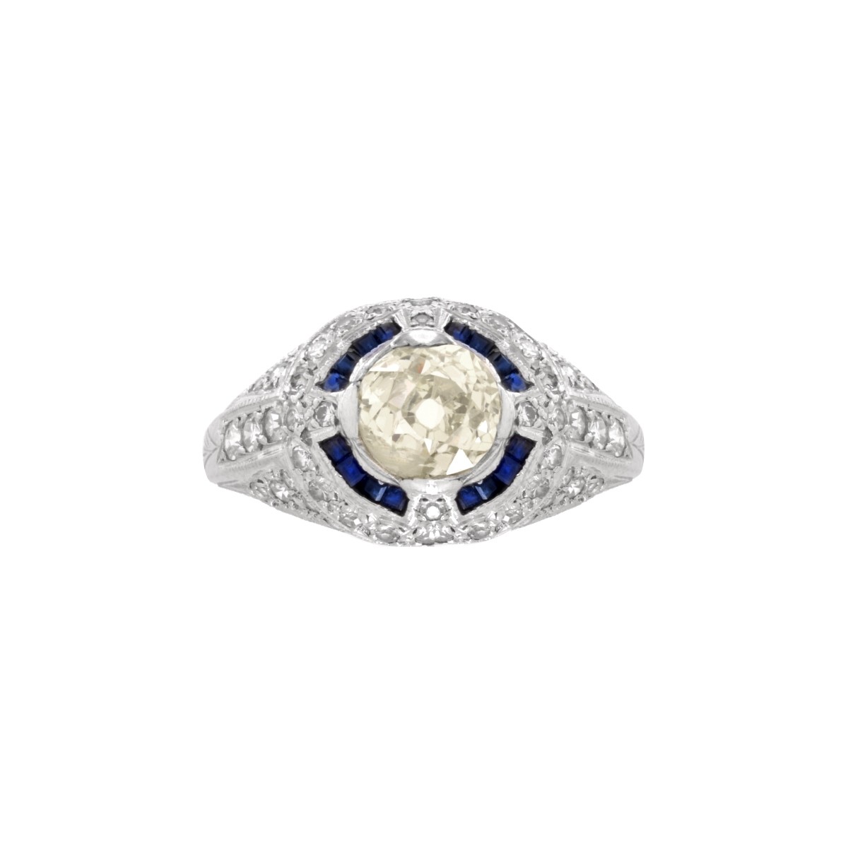 Deco Diamond, Sapphire and Platinum Ring