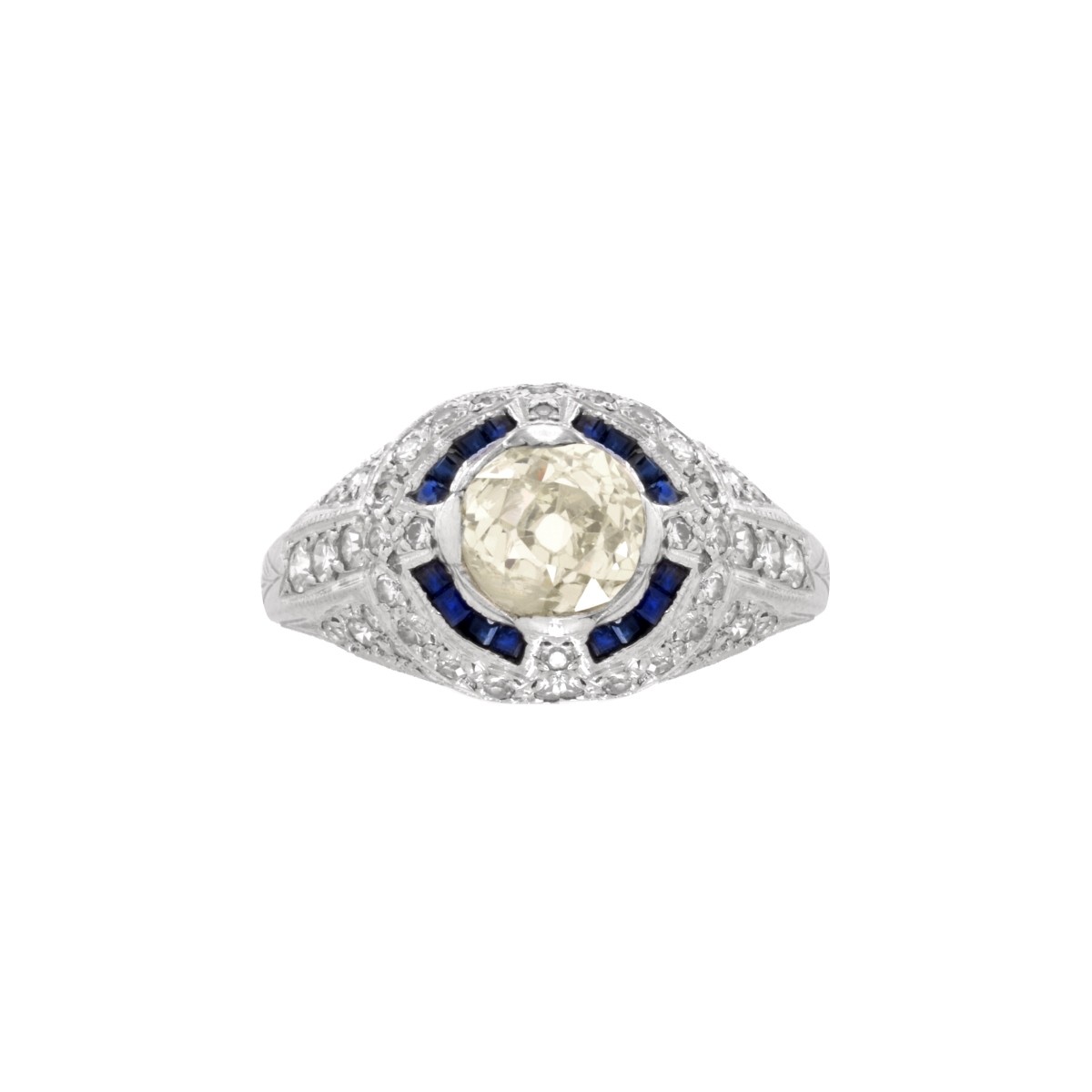 Deco Diamond, Sapphire and Platinum Ring