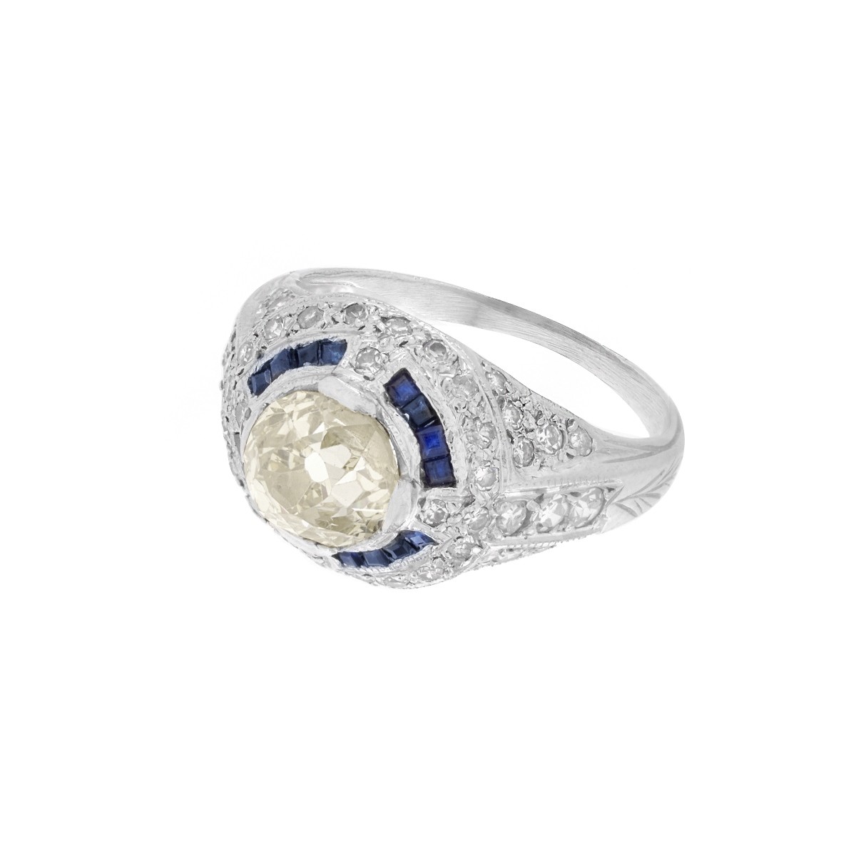 Deco Diamond, Sapphire and Platinum Ring