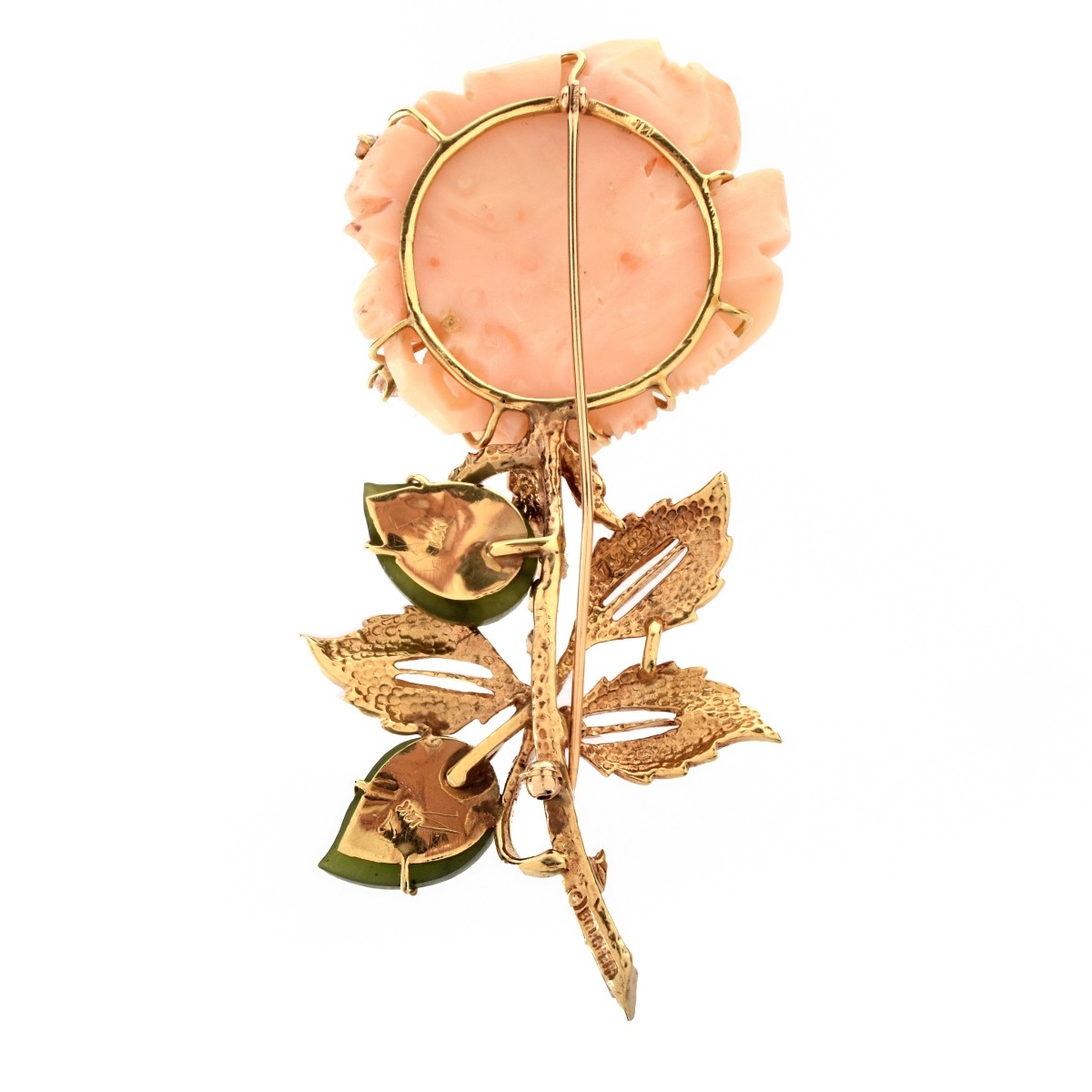 Coral, Jade, Diamond and 14K Brooch