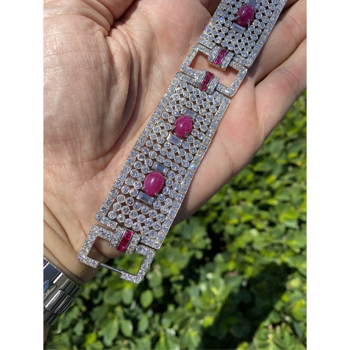 Diamond, Ruby and Platinum Wide Bracelet