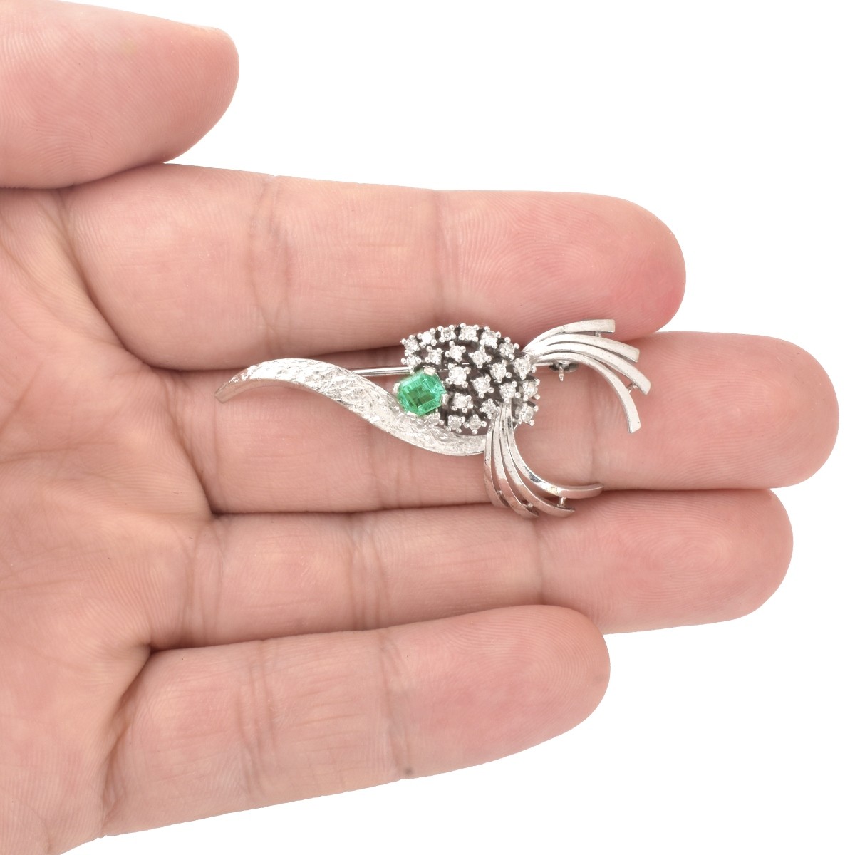 Emerald, Diamond and 14K Brooch