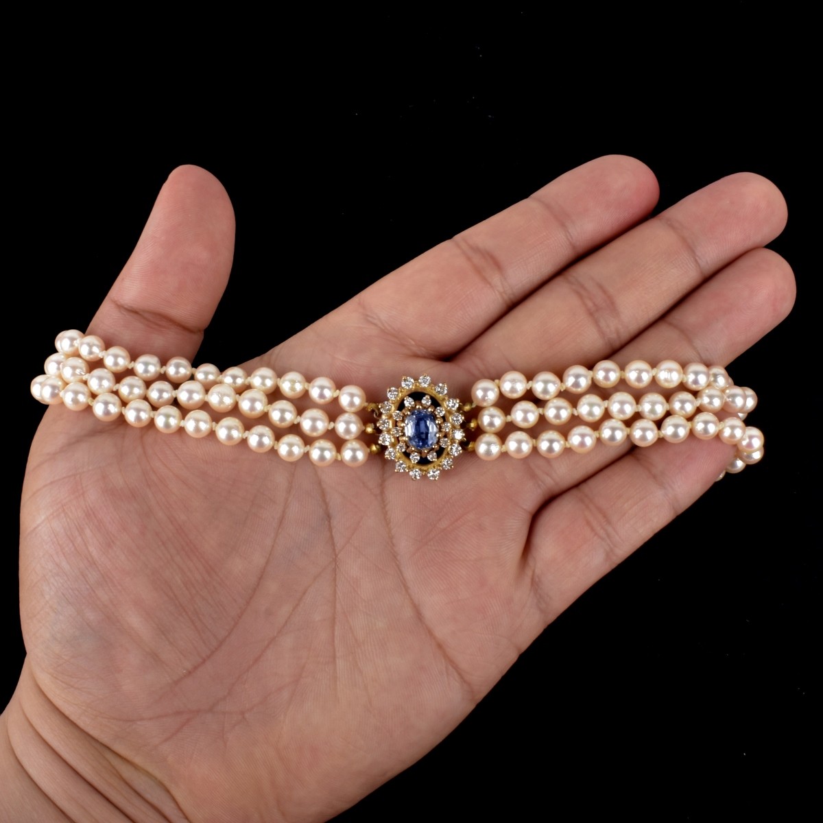 Pearl, Sapphire, Diamond and 14K Necklace