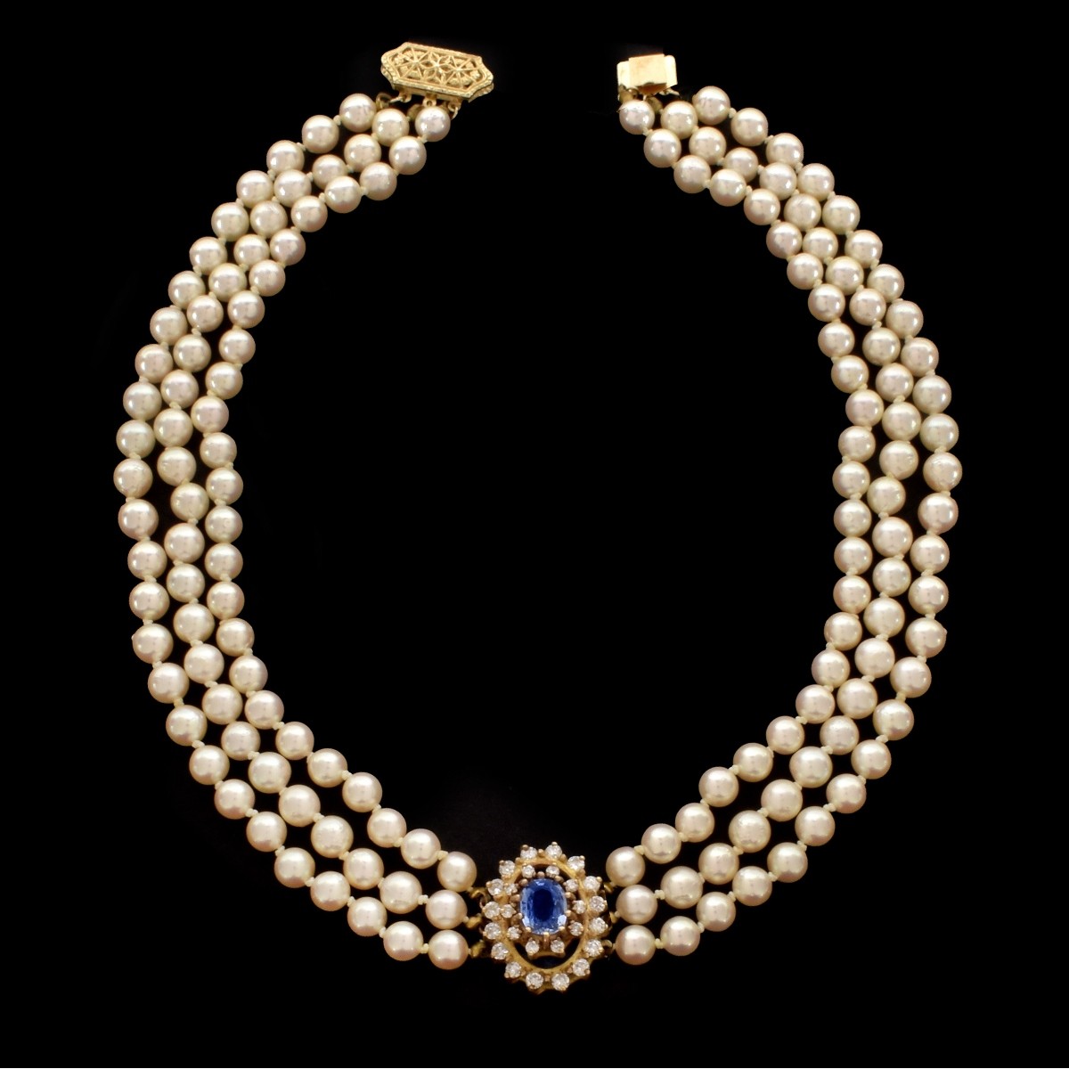 Pearl, Sapphire, Diamond and 14K Necklace