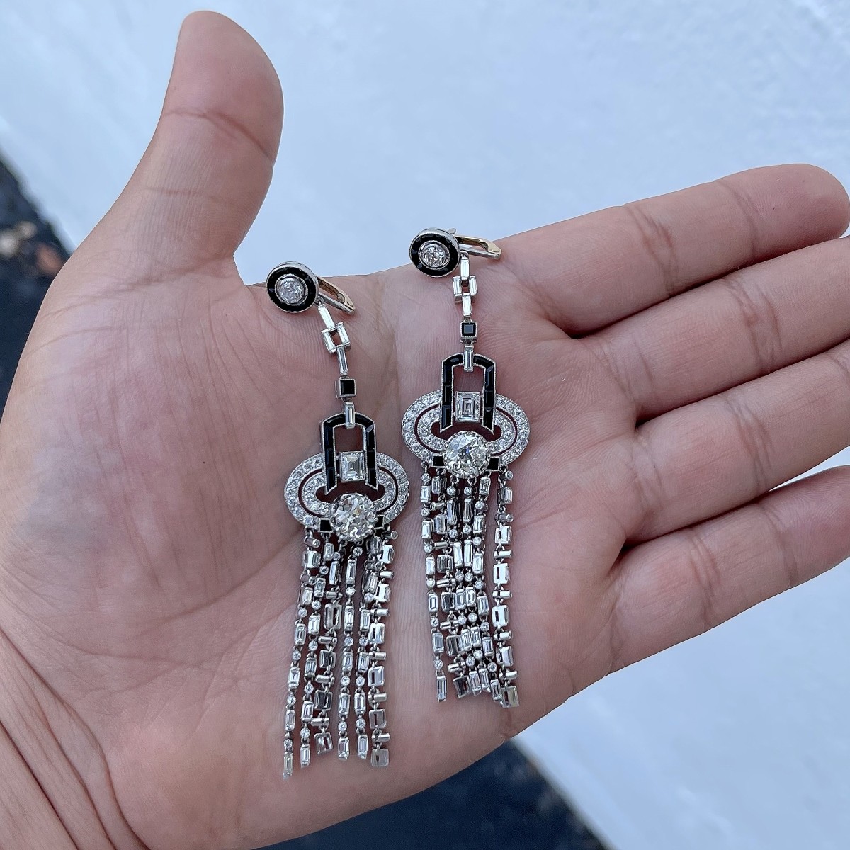 Diamond, Onyx and Platinum Earrings