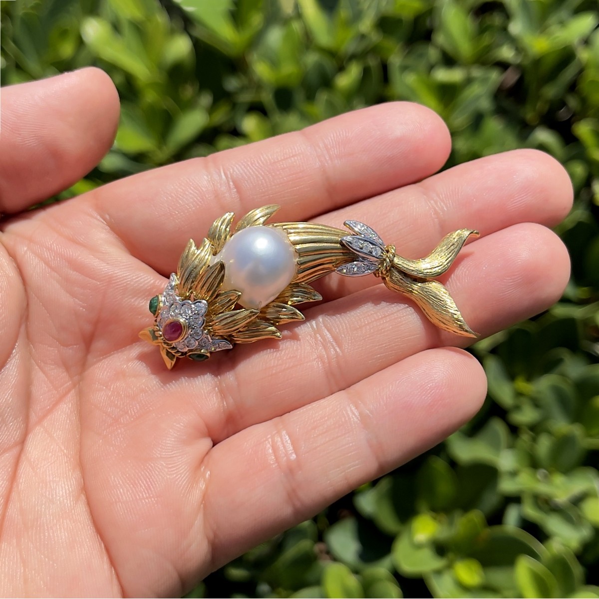 Pearl, Gemstone and 18K Fish Brooch