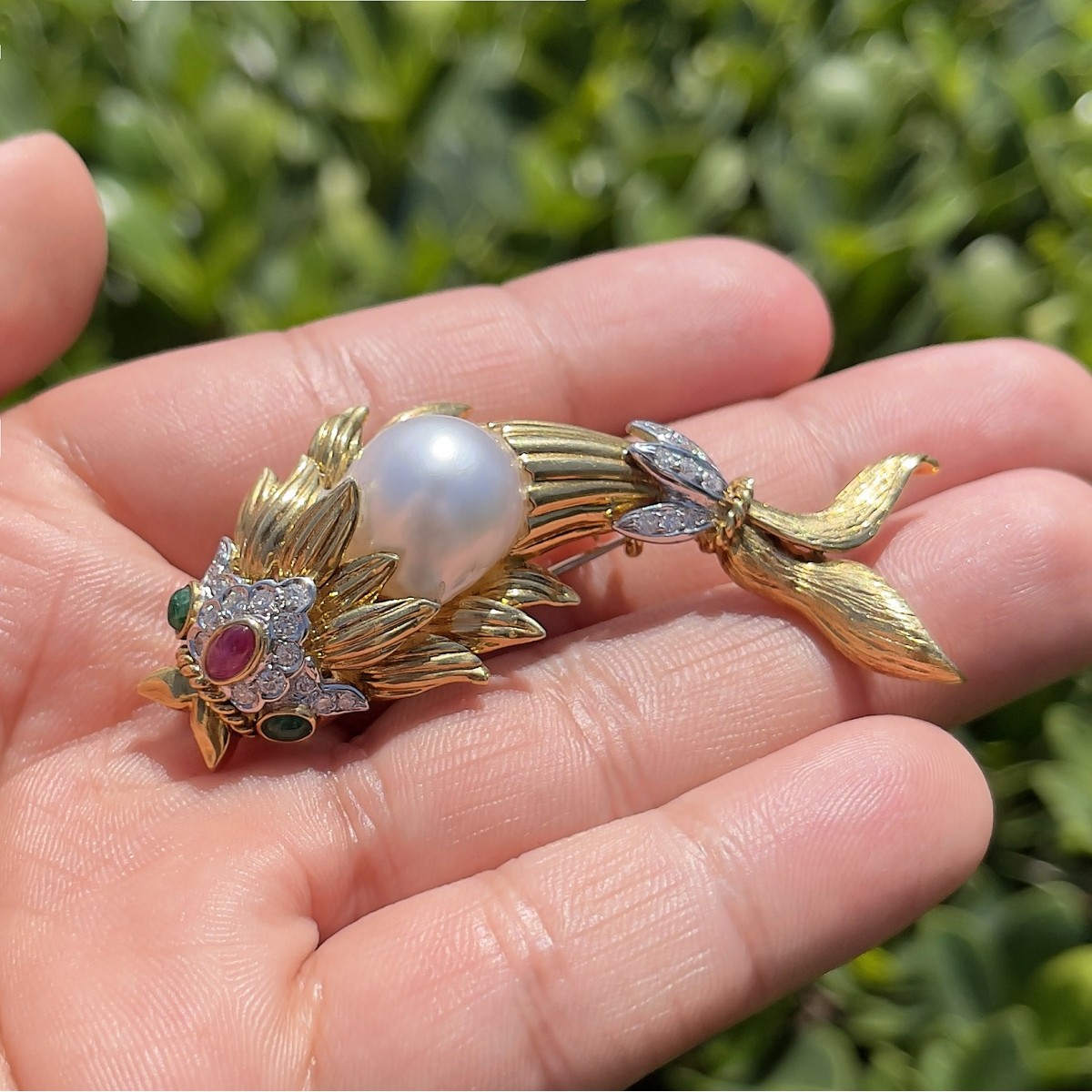 Pearl, Gemstone and 18K Fish Brooch