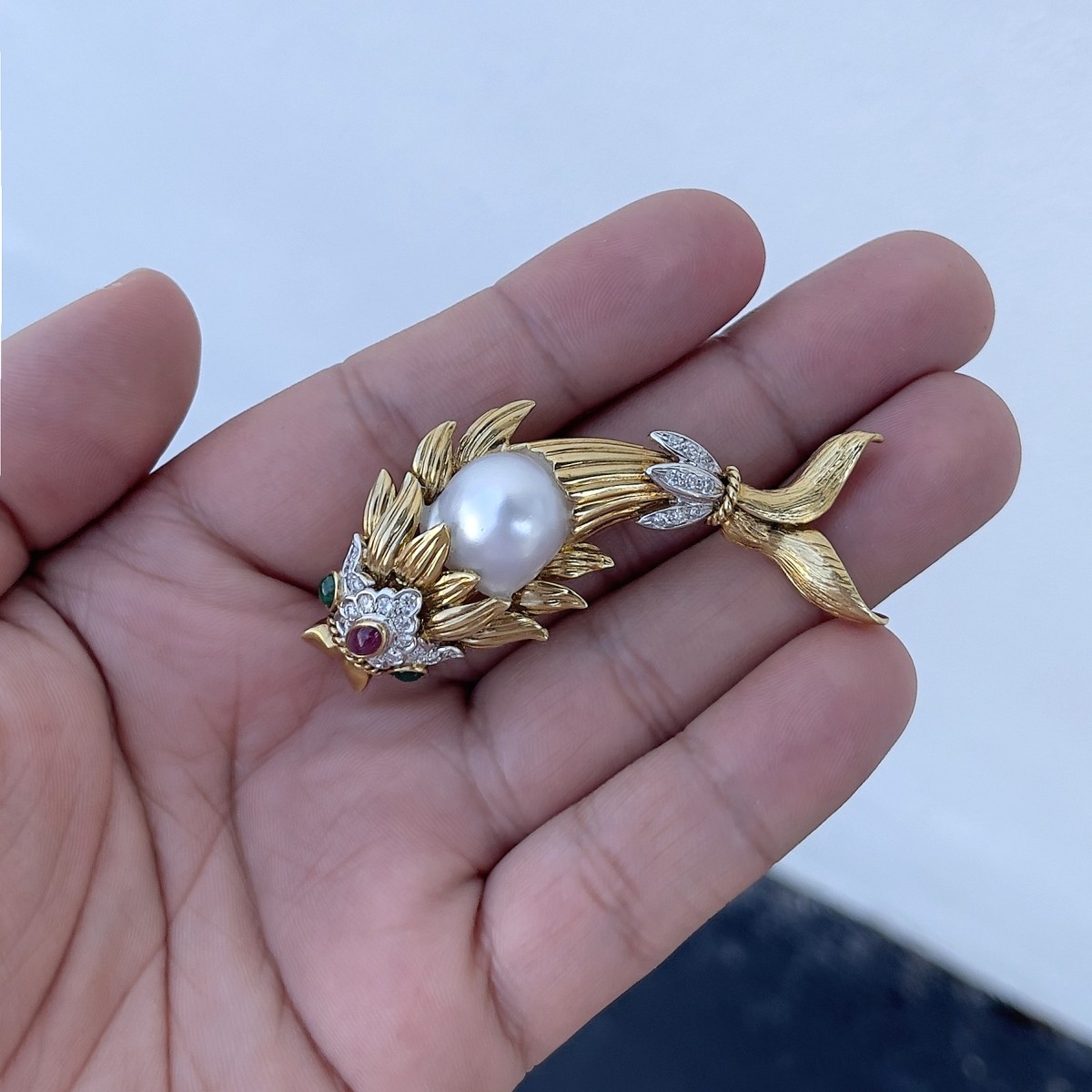 Pearl, Gemstone and 18K Fish Brooch