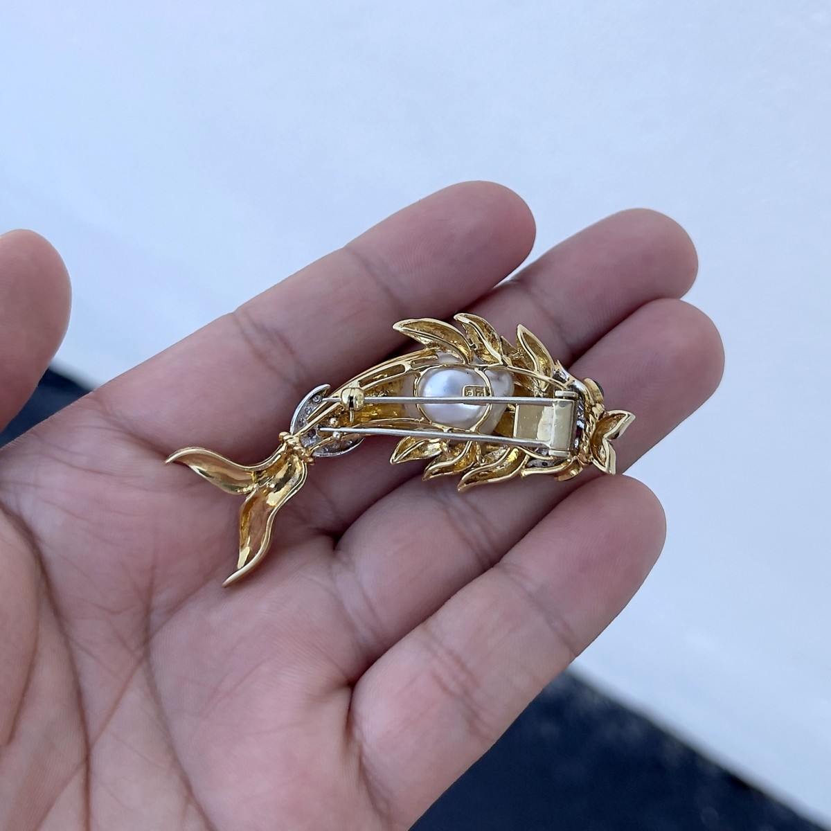 Pearl, Gemstone and 18K Fish Brooch