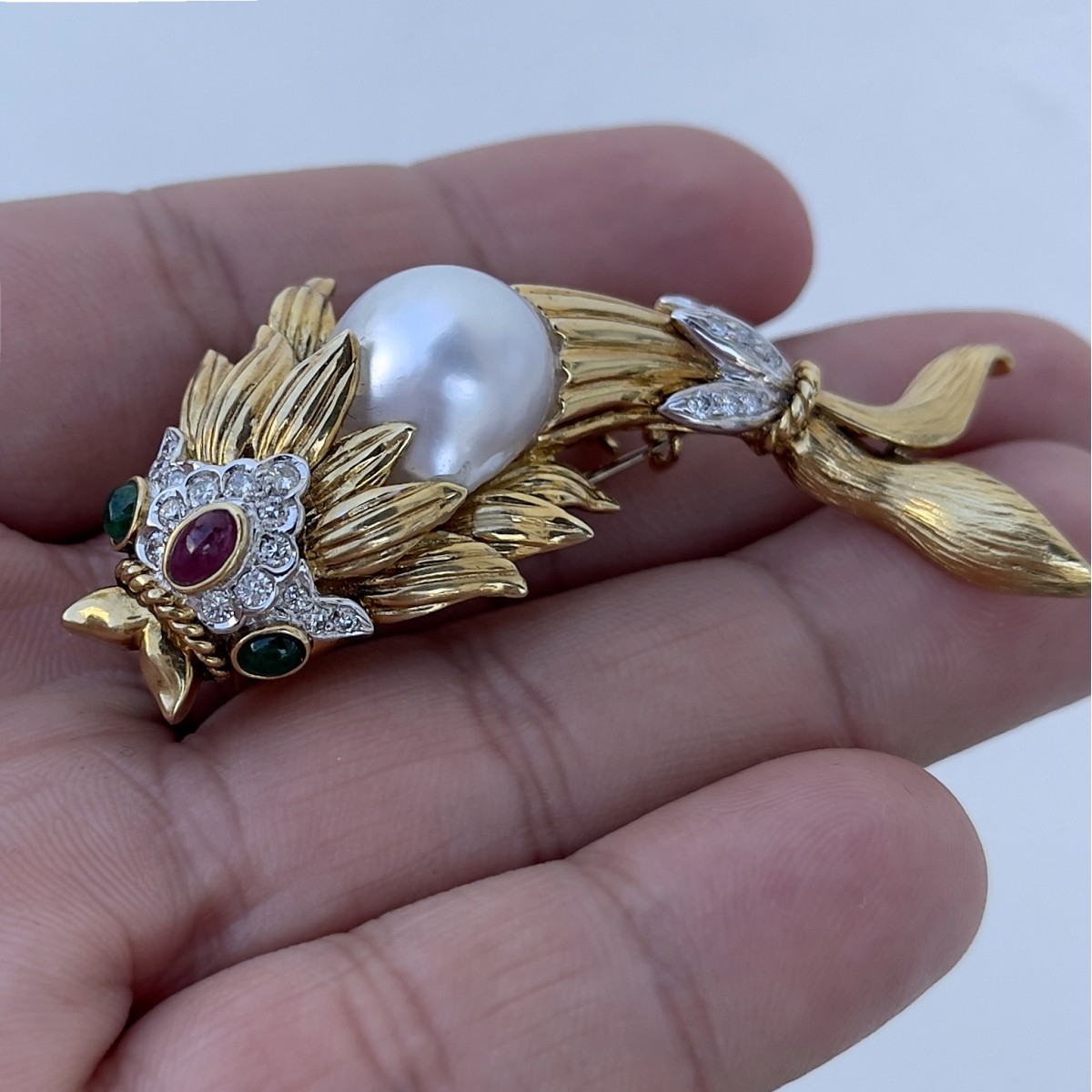 Pearl, Gemstone and 18K Fish Brooch