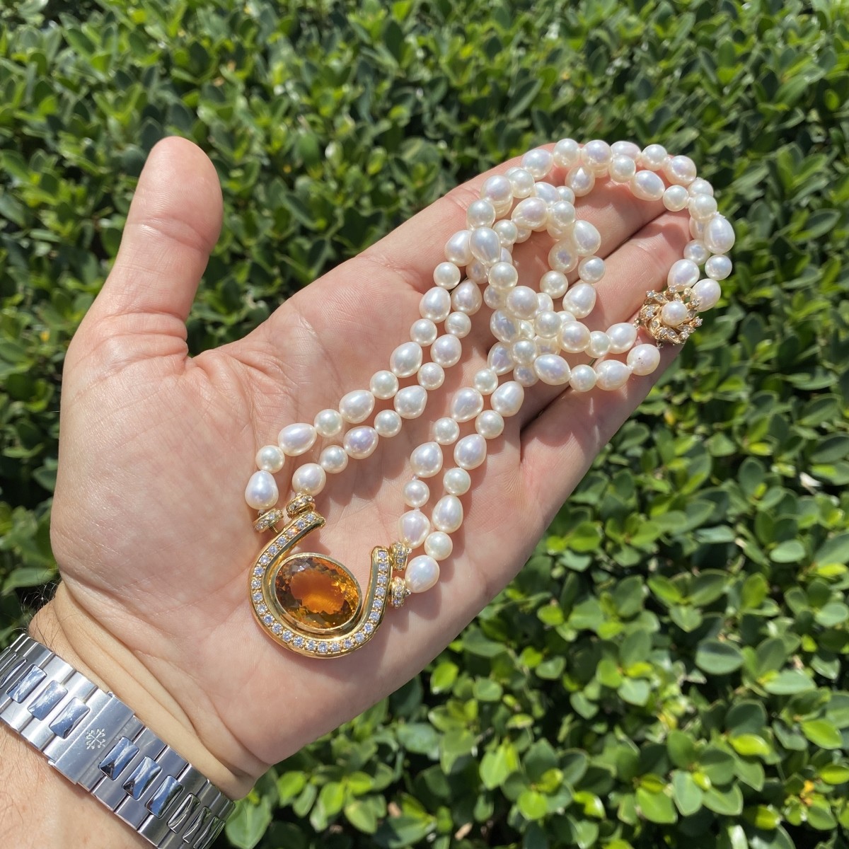 Citrine, Diamond, Pearl and 14K Necklace