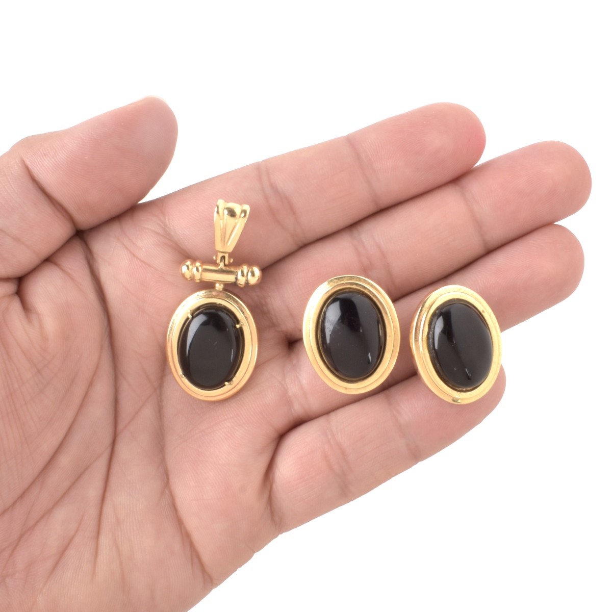 Onyx and 14K Earrings and Pendant