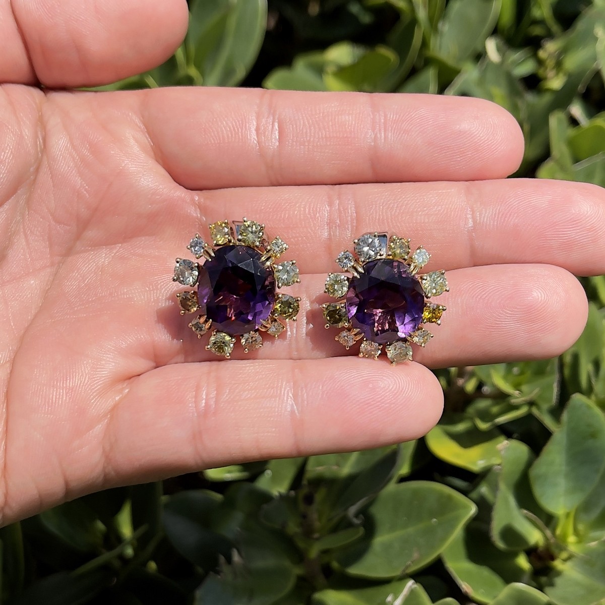 Fancy Diamond, Amethyst and 18K Earrings