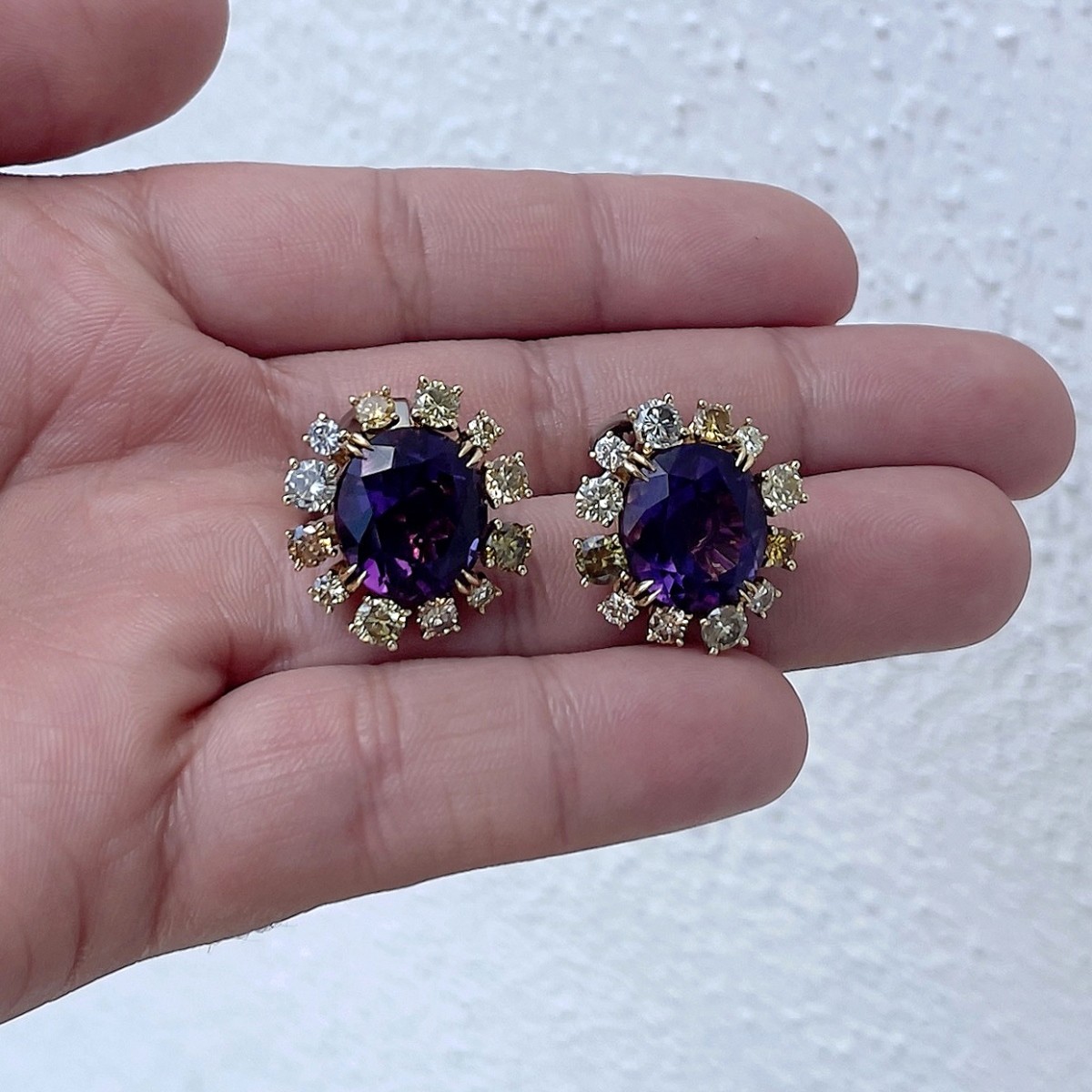 Fancy Diamond, Amethyst and 18K Earrings