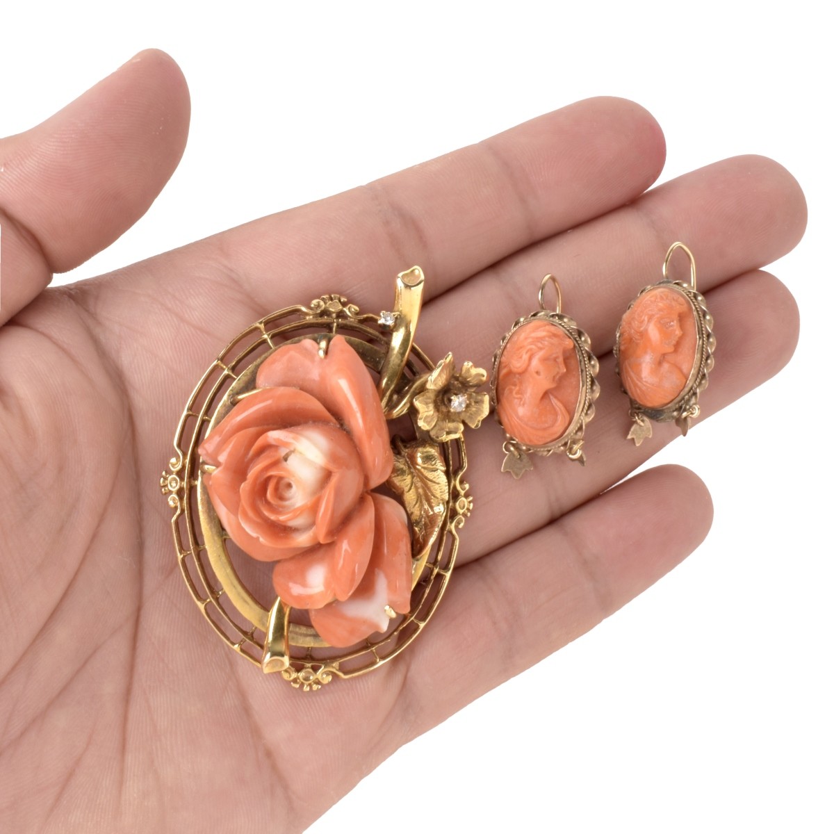 Coral and 14K Brooch and Earrings