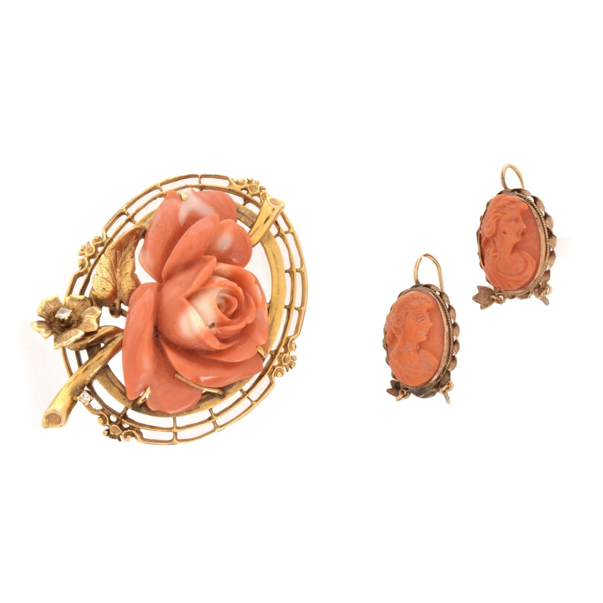 Coral and 14K Brooch and Earrings