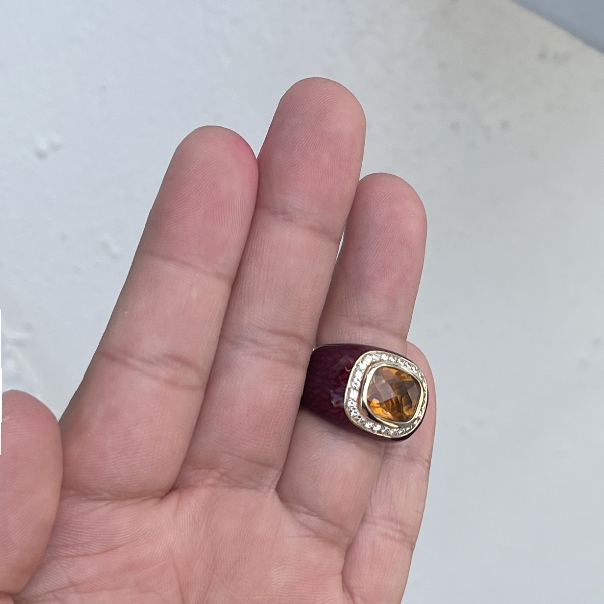 Citrine, Diamond, Enamel and 14K Ring
