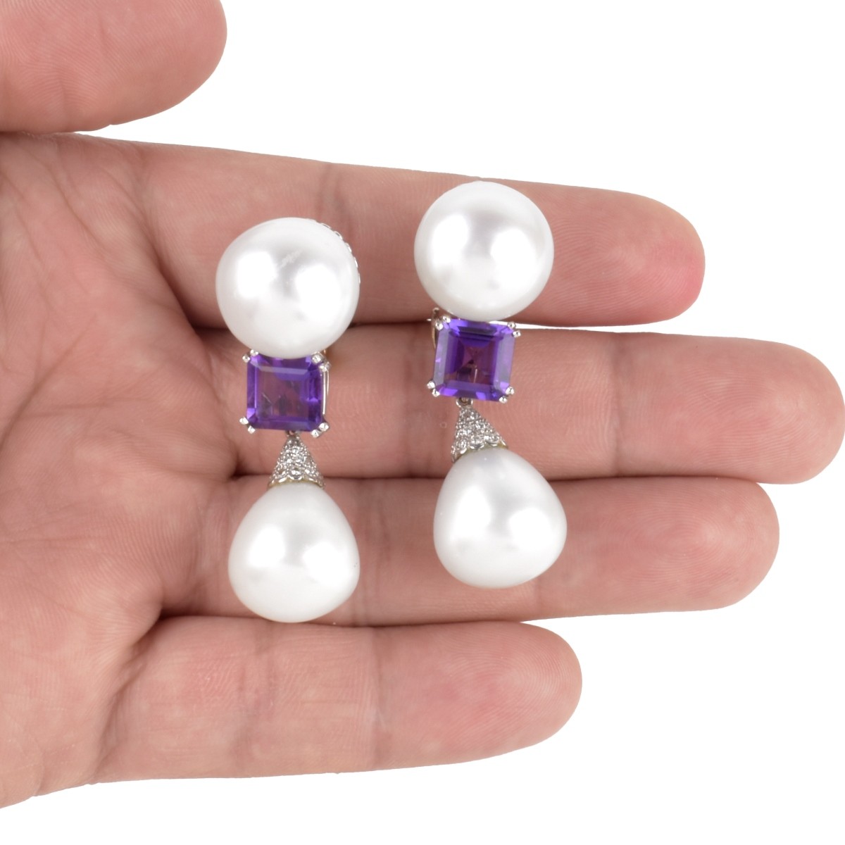 Pearl, Amethyst, Diamond and 18K Earrings