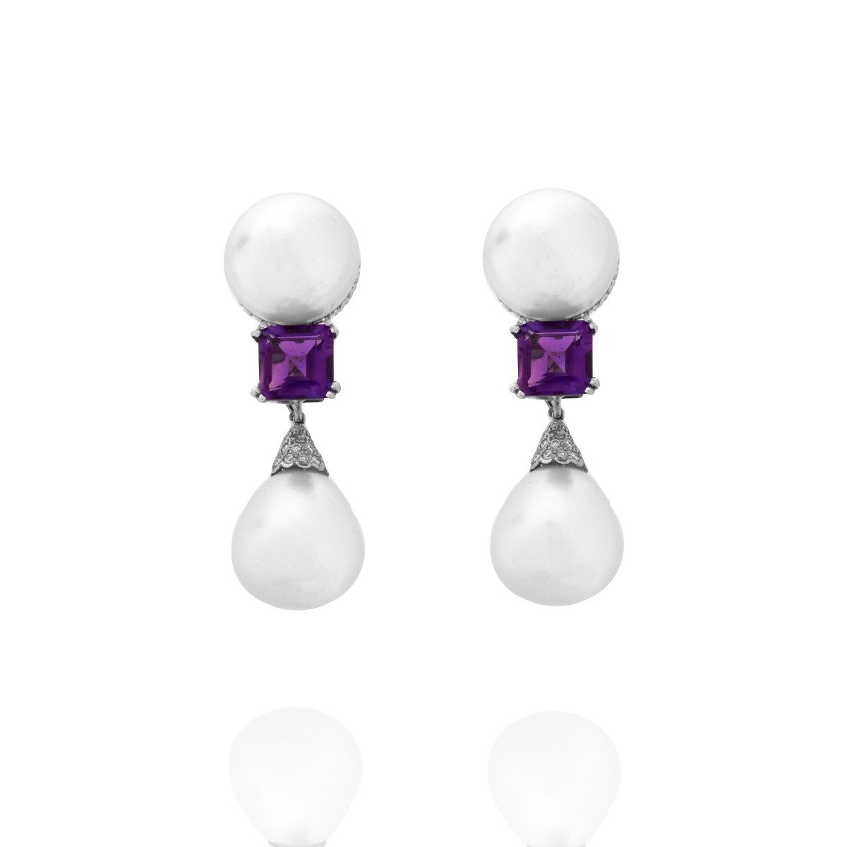 Pearl, Amethyst, Diamond and 18K Earrings