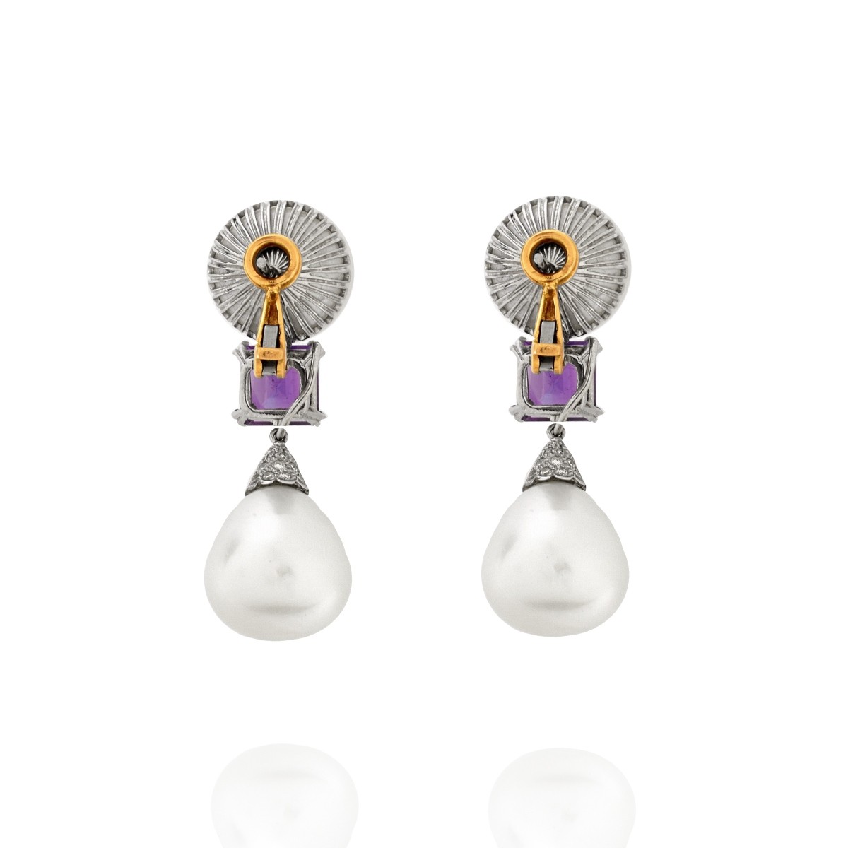 Pearl, Amethyst, Diamond and 18K Earrings