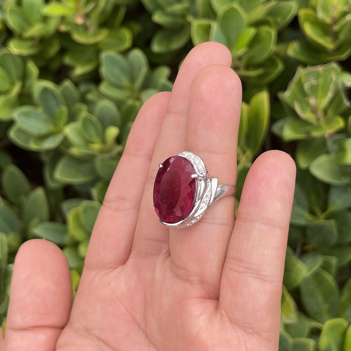 Rubelite, Diamond and Platinum Ring
