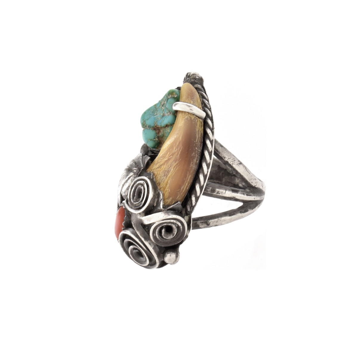 Silver, Coral, Turquoise and Bear Claw Ring