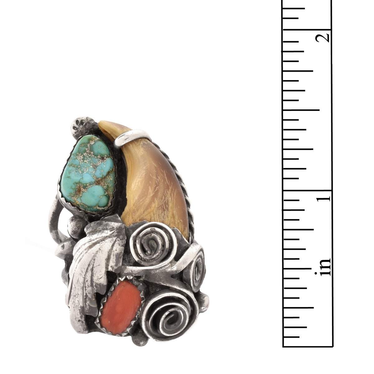 Silver, Coral, Turquoise and Bear Claw Ring