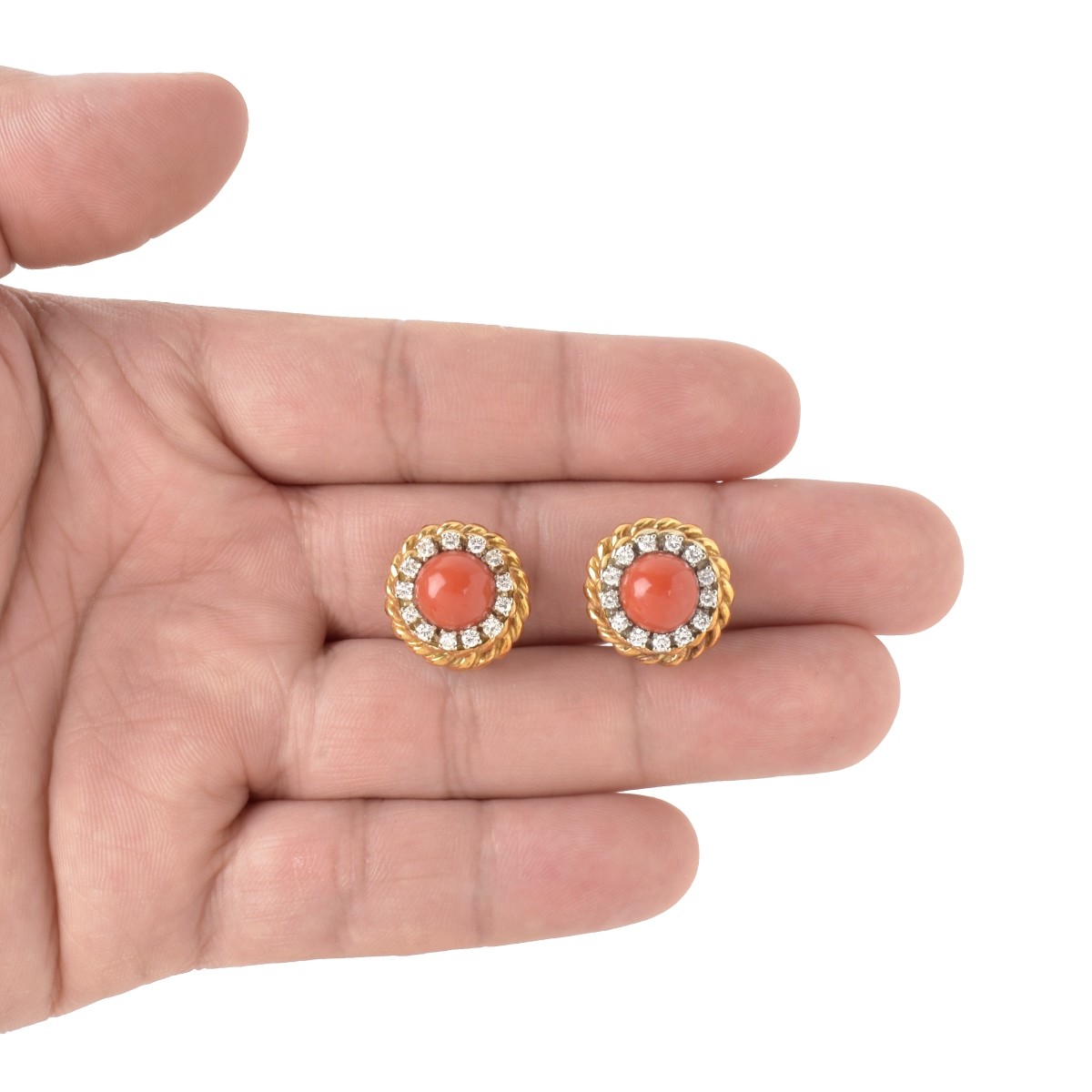 Red Coral, Diamond and 18K Earrings