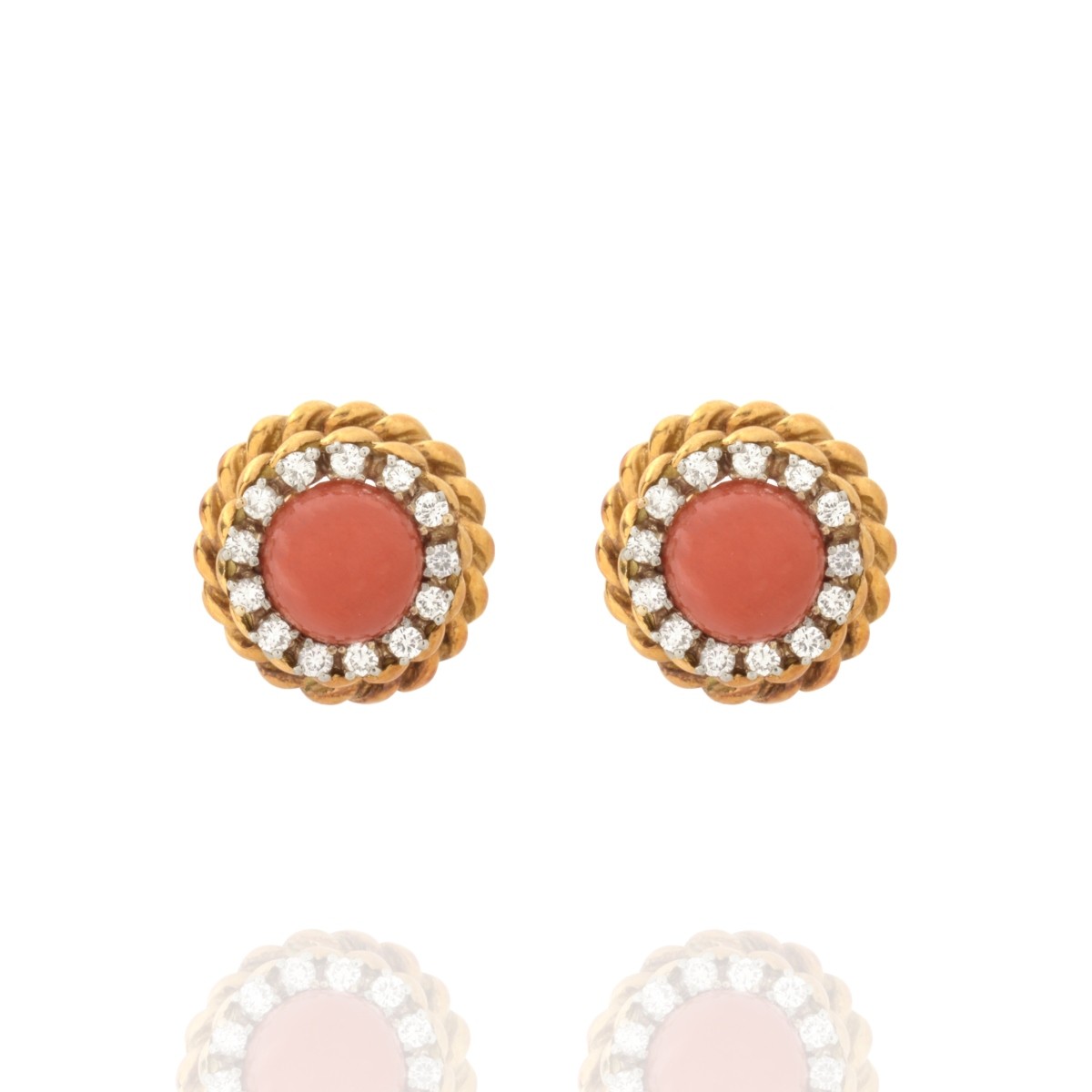 Red Coral, Diamond and 18K Earrings