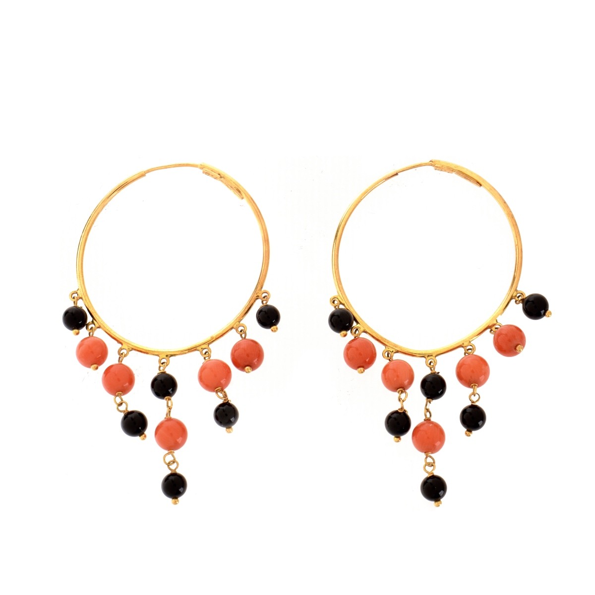 Coral, Onyx and 18K Earrings