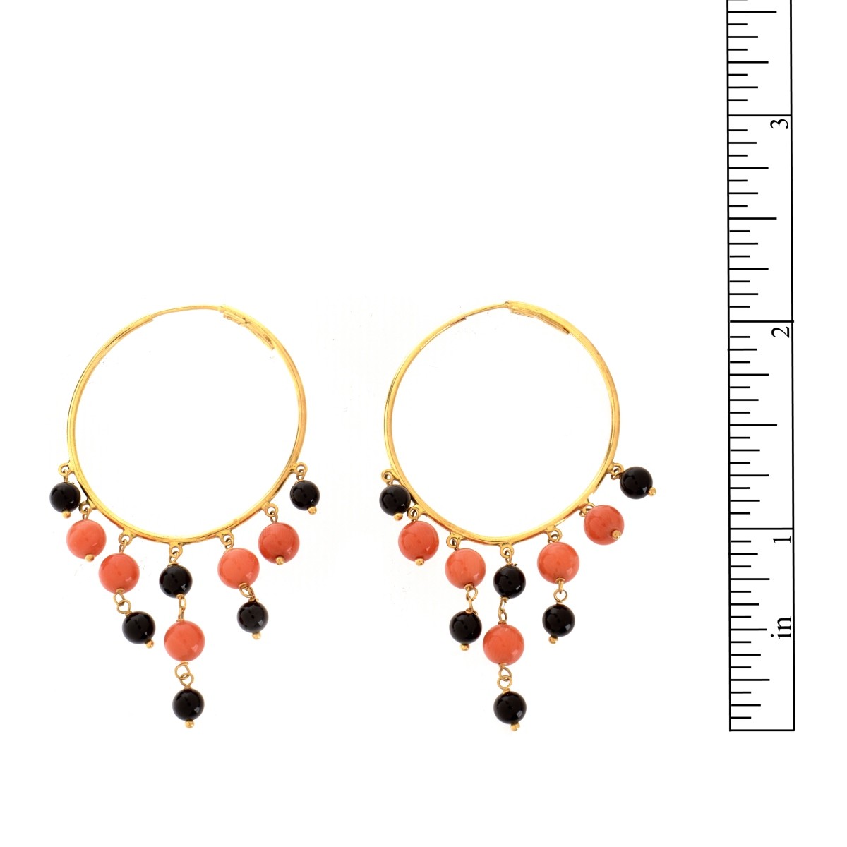 Coral, Onyx and 18K Earrings