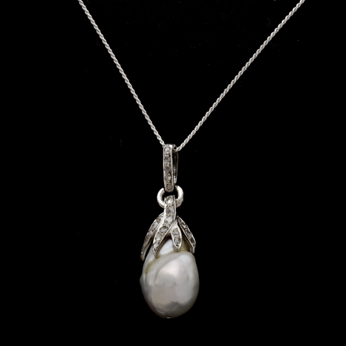 Pearl, Diamond and Sterling Pendant Necklace