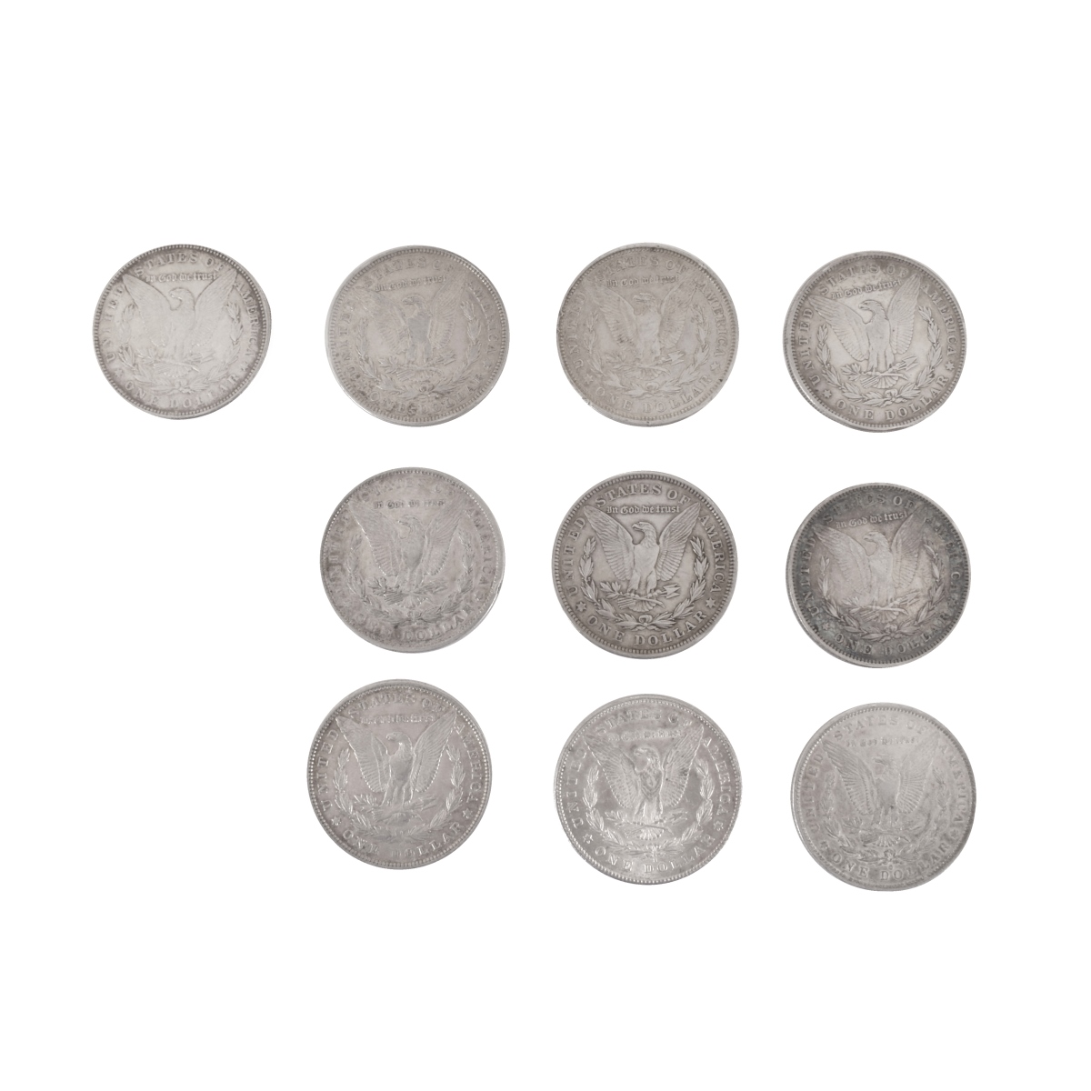 Ten US $1 Silver Morgan Coins