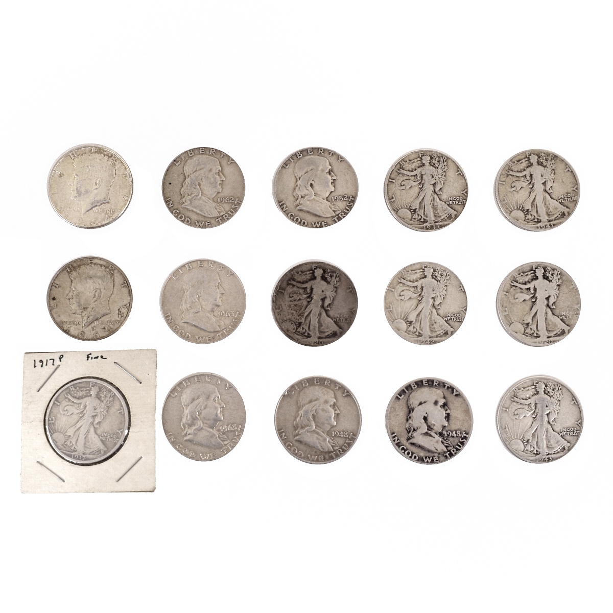 Fifteen US $1/2 Silver Coins