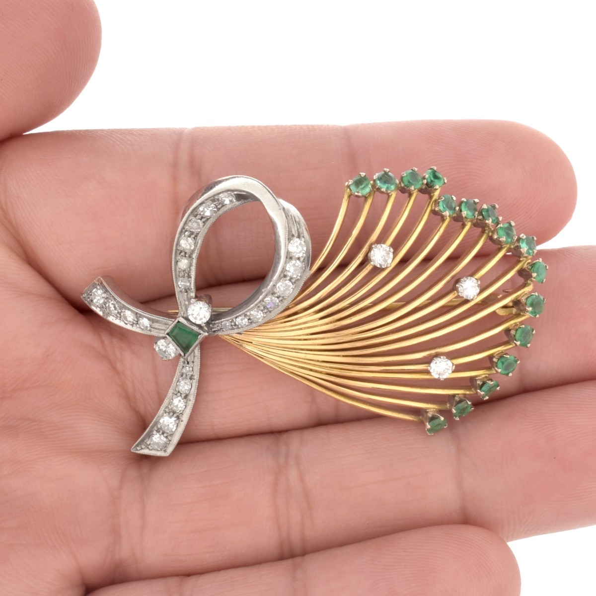 Diamond, Emerald and 18K Brooch