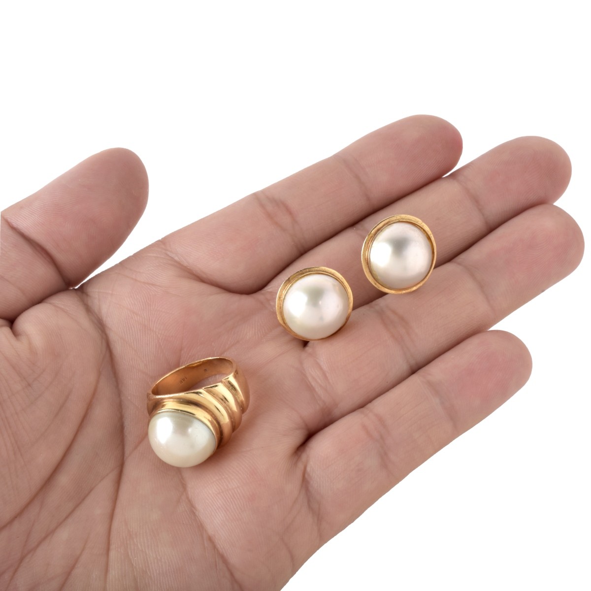 Pearl and 14K Earrings and Ring