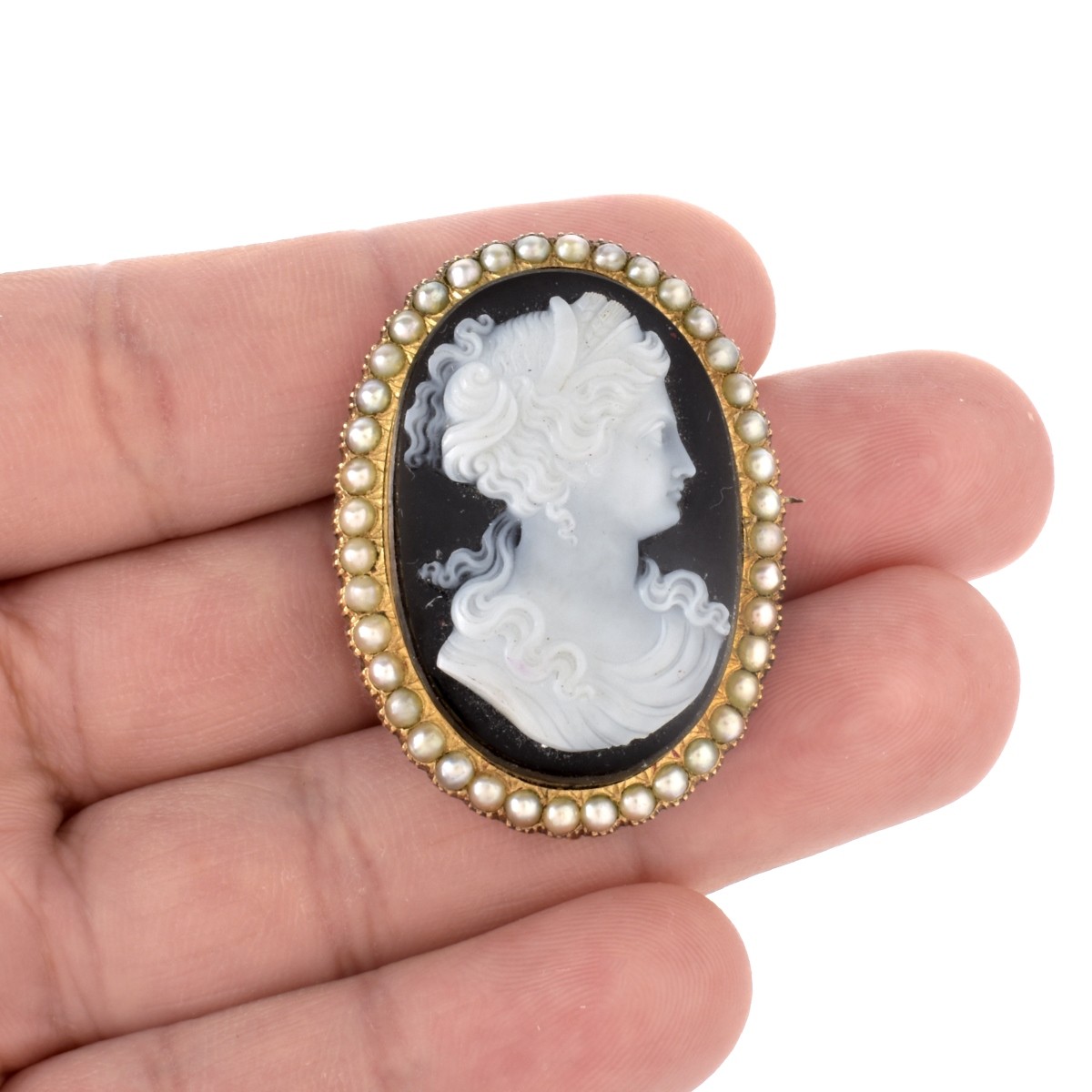 Hardstone, Pearl and 14K Cameo Pendant