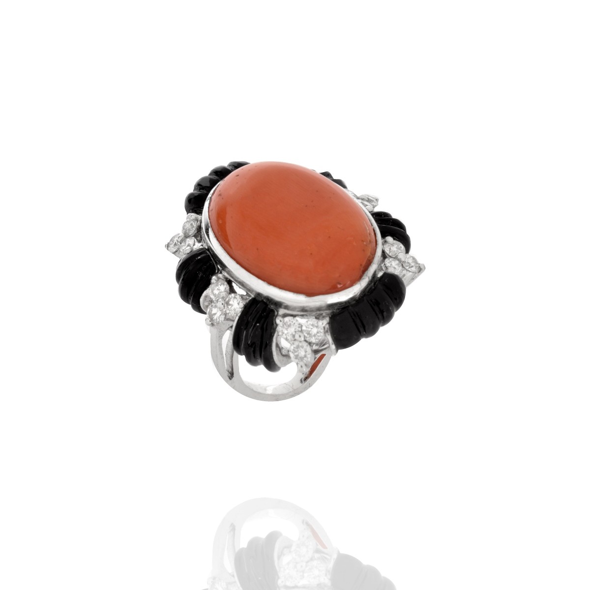 Coral, Onyx, Diamond and 18K Ring