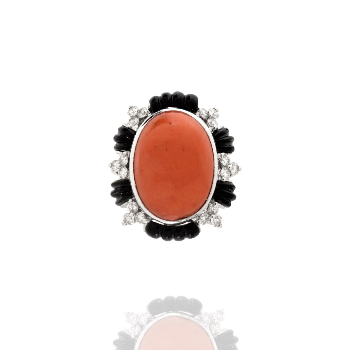 Coral, Onyx, Diamond and 18K Ring