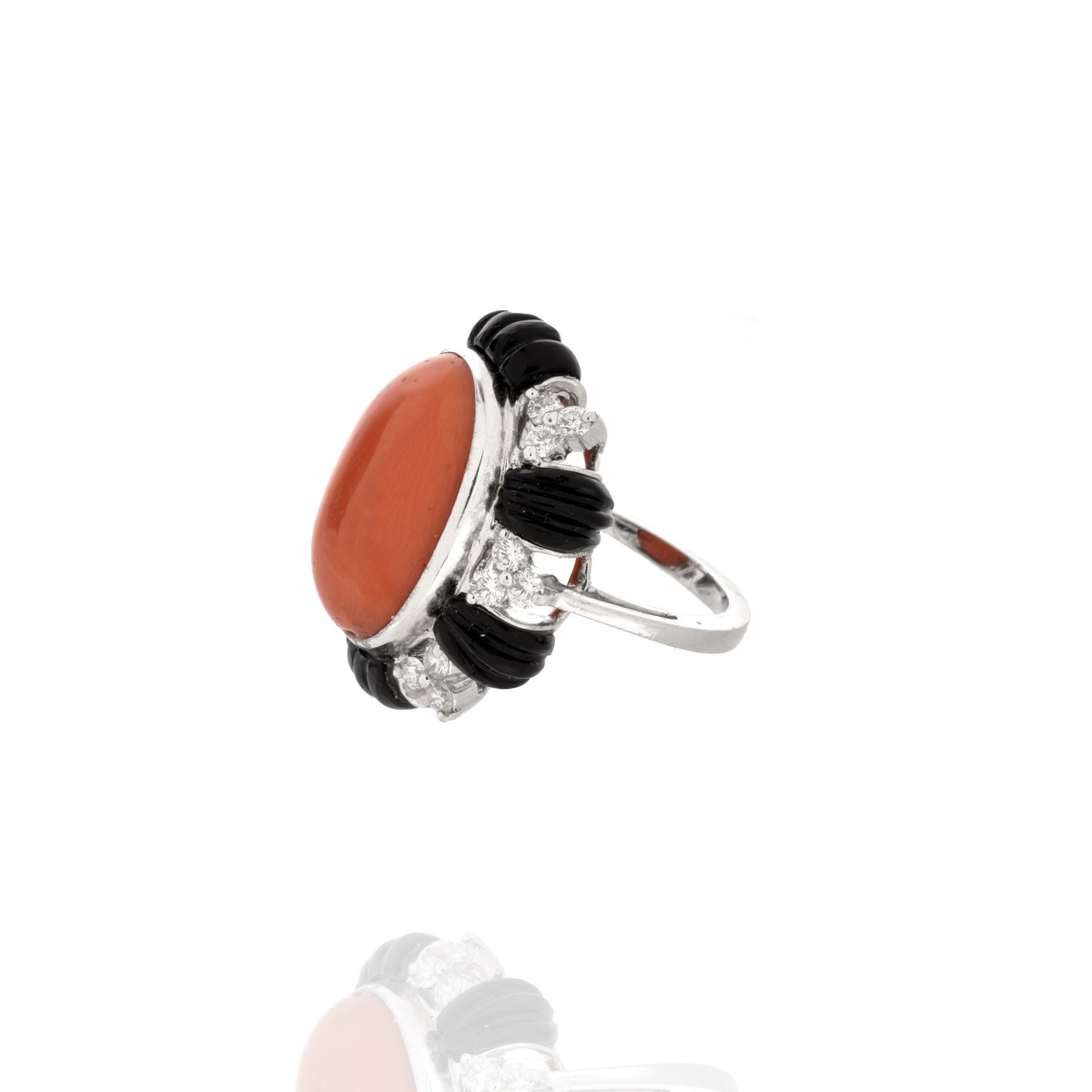 Coral, Onyx, Diamond and 18K Ring